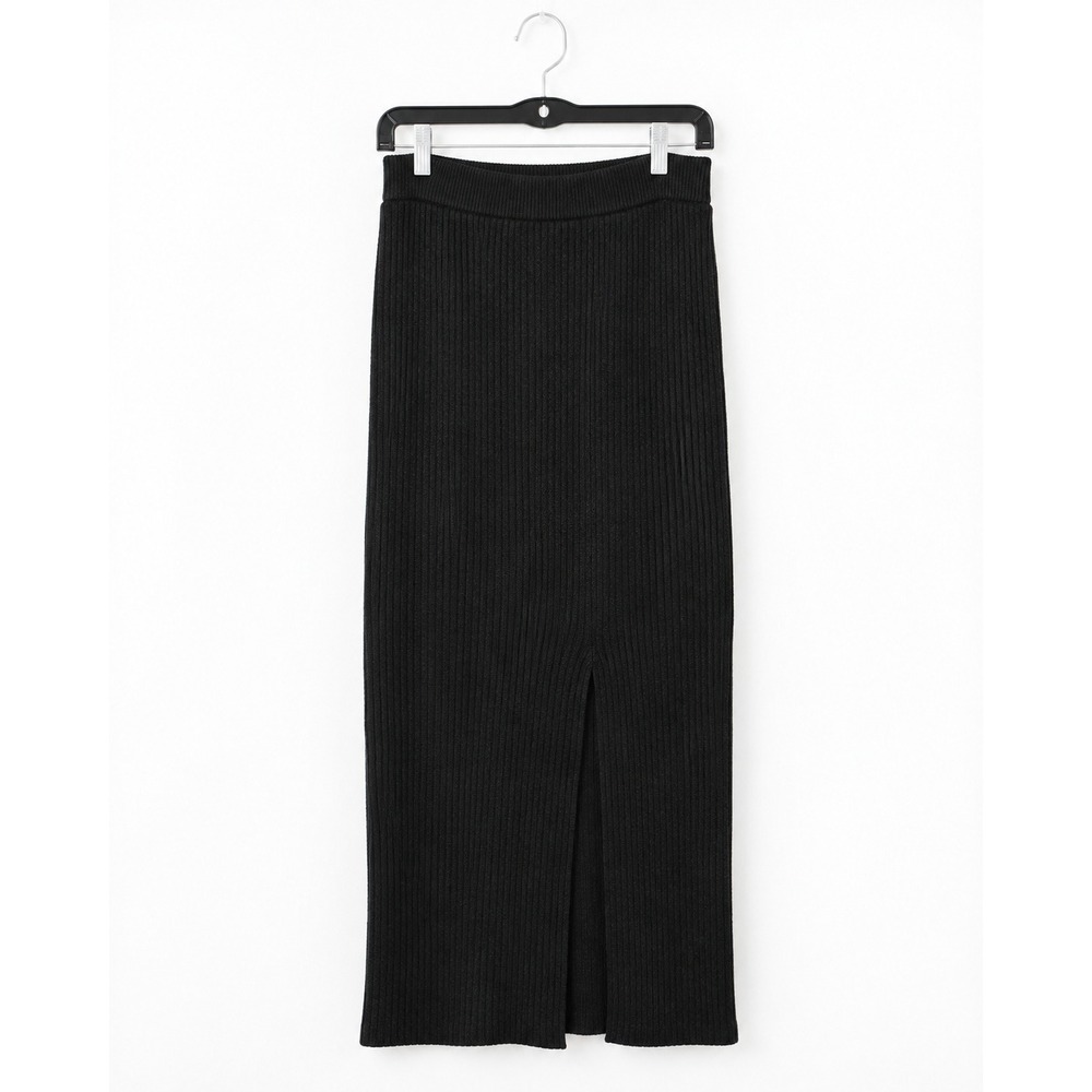 Zara Black Ribbed Knit Midi Skirt Front Slit Size Medium